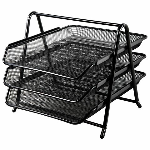 Лоток горизонтальный металлический для бумаг, 3 секции, BRAUBERG "Germanium", А4 (267х355х295 мм), черный, 231952 231952