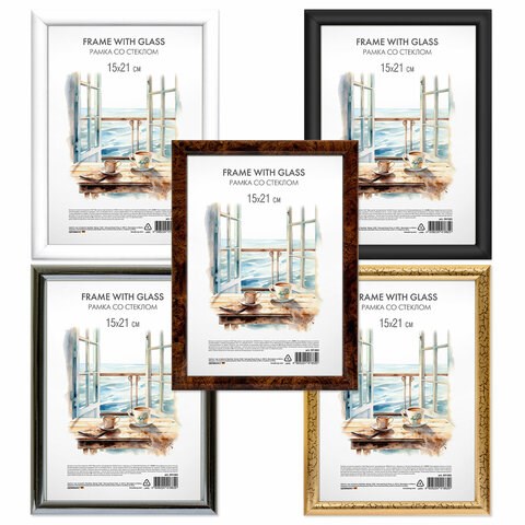 Рамка 15х21 см со стеклом, багет 15 мм, пластик, BRAUBERG "HIT3", 5 цветов ассорти, 391382 391382