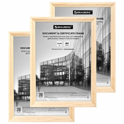 Рамка 21х30 см небьющаяся, КОМПЛЕКТ 3 шт., багет 20 мм дерево, BRAUBERG "Business", цвет натуральное дерево, 391354 391354