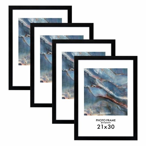Рамка 21х30 см небьющаяся, КОМПЛЕКТ 4 шт., багет 16 мм МДФ, BRAUBERG "Basic", черная, 391259 391259