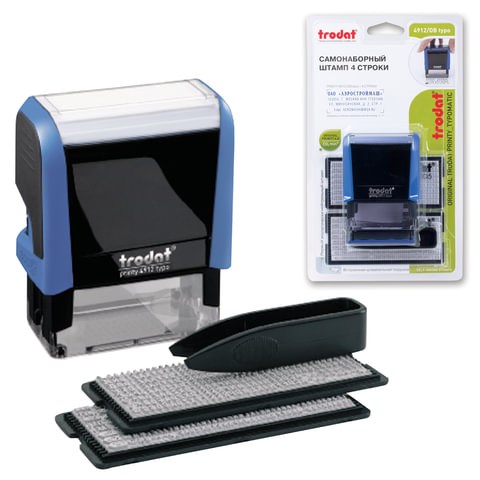 Штамп самонаборный 4-строчный, оттиск 47х18 мм, синий без рамки, TRODAT 4912P4/DB, КАССЫ В КОМПЛЕКТЕ, 4912/DB 230962