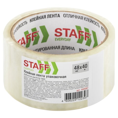 Клейкая лента упаковочная 48 мм x 40 м, прозрачная, толщина 40 микрон, STAFF, 440087 440087