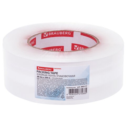 Клейкая лента упаковочная 48 мм х 200 м, прозрачная, толщина 45 микрон, BRAUBERG ORIGINAL, 440177 440177