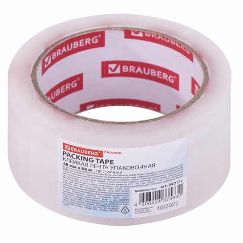 Клейкая лента упаковочная 48 мм х 66 м, прозрачная, толщина 45 микрон, BRAUBERG ORIGINAL, 440172 440172