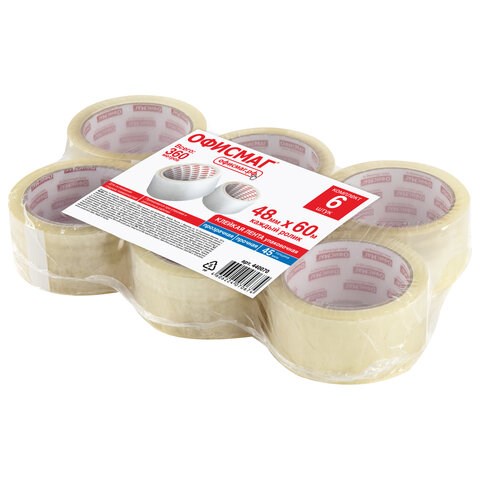 Клейкие ленты упаковочные, 48 мм х 60 м, КОМПЛЕКТ 6 шт., прозрачные, толщина 45 микрон, ОФИСМАГ, 440070 440070