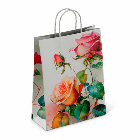 Крафт-пакет бумажный "Розы" 22х12х25 см, с кручеными ручками, плотность 100 г/м2, белый, 114164 701000