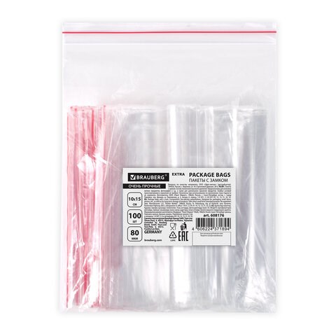 Пакеты ZIP LOCK "зиплок" ОЧЕНЬ ПРОЧНЫЕ, комплект 100 шт., 100х150 мм, ПВД 80 мкм, BRAUBERG EXTRA, 608176 608176