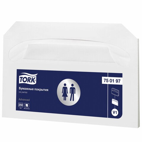 Покрытия на унитаз TORK (Система V1), 1/2 сложения, КОМПЛЕКТ 250 шт., 37х41 см, Advanced, белые, 750197 608716
