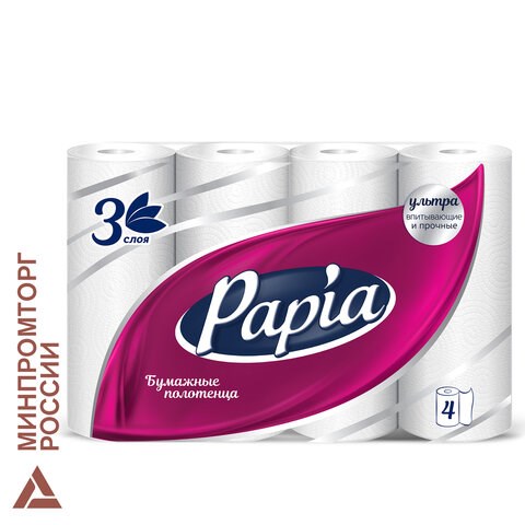Полотенца бумажные бытовые, спайка 4 шт., 3-слойные (4х11,2 м), PAPIA, 23x13 см, белые, 5081506 112049