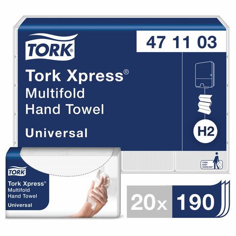 Полотенца бумажные (1 пачка 190 листов) TORK (H2) Universal, 2-слойные, цвет натуральный.,23,4х21,3, Z-сложение, 471103 127070