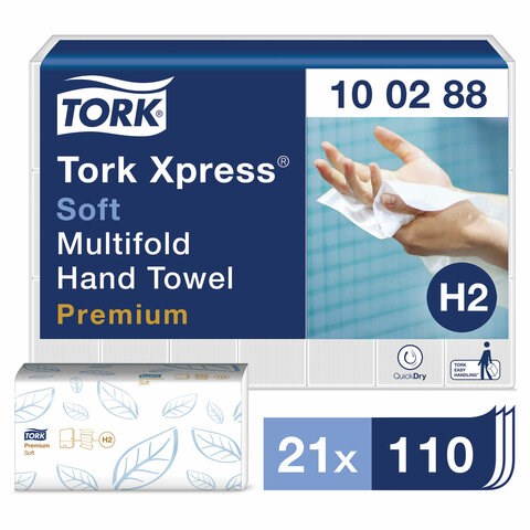 Полотенца бумажные 110 штук, TORK (Система H2) Premium, КОМПЛЕКТ 21 штука, 2-слойные, белые, 21х34, Interfold, 100288 124550