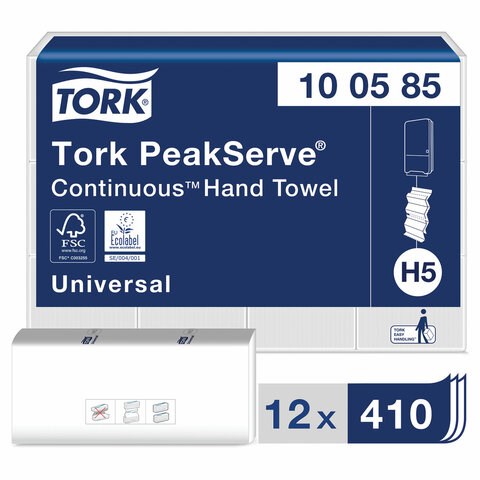Полотенца бумажные 410 шт., TORK (Система H5) PeakServe, Universal, КОМПЛЕКТ 12 шт., 22,5x20 см, W, 100585 129996