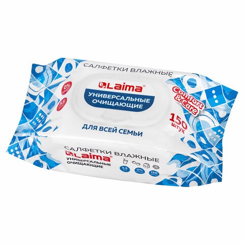 Салфетки влажные 150 шт., УНИВЕРСАЛЬНЫЕ, с пластиковым клапаном, для всей семьи, LAIMA, 115227 115227