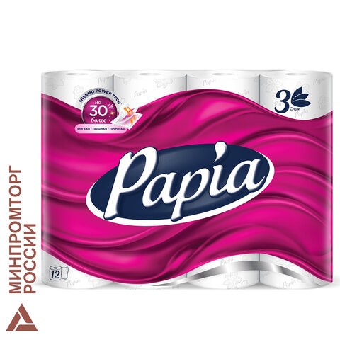 Бумага туалетная бытовая, спайка 12 шт., 3-слойная (12х16,8 м), PAPIA, белая, 5080722 112051