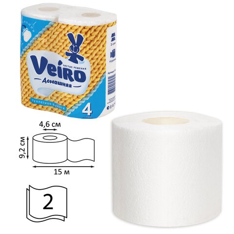 Бумага туалетная бытовая, спайка 4 шт., 2-х слойная (4х15 м), VEIRO "Домашняя", белая, 1с24 128024