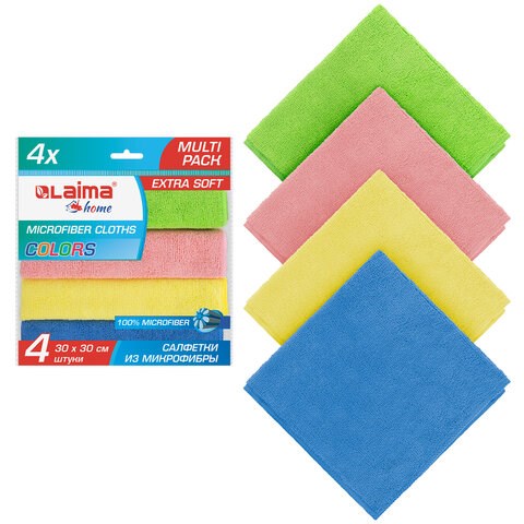 Салфетка из МИКРОФИБРЫ универсальная 30х30 см, КОМПЛЕКТ 4 шт., MULTI PRO COLOUR, 280 г/м2, LAIMA, 607792 607792