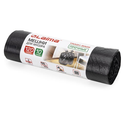 Мешки для мусора 120 л, черные, в рулоне 10 шт., прочные, ПНД 18 мкм, 70х110 см, LAIMA, 601386 601386
