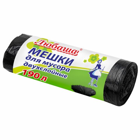 Мешки для мусора 190 л черные в рулоне 10 шт., ПВД 23 мкм, 90х120 см, ЛЮБАША "эконом ПЛЮС", 607681 607681