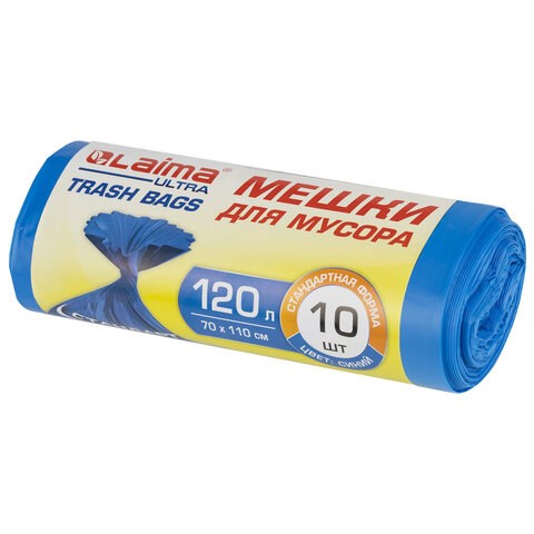 Мешки для мусора LAIMA "ULTRA" 120 л синие, рулон 10 шт. особо прочные, ПНД 23 мкм, 70х110 см, 607695 607695