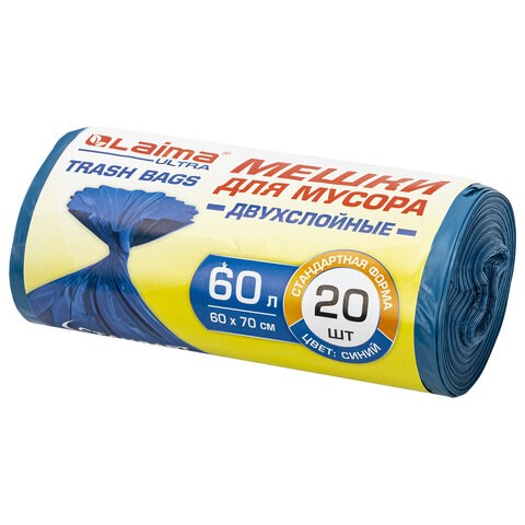 Мешки для мусора LAIMA "ULTRA" 60 л синие, в рулоне 20 шт. прочные, ПВД 21 мкм, 60х70 см, 607687 607687