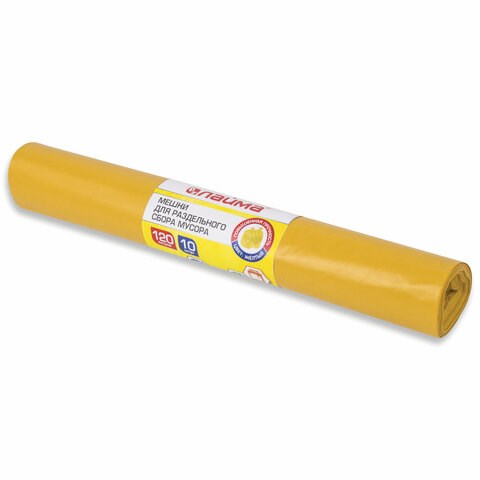 Мешки для раздельного сбора мусора 120 л, желтые, в рулоне 10 шт., ПВД 38 мкм, 70х108 см, LAIMA, 606705, 3842 606705