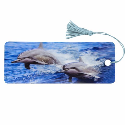 Закладка для книг с линейкой, 3D-объемная, BRAUBERG "Дельфины", с декоративным шнурком, 128094 128094