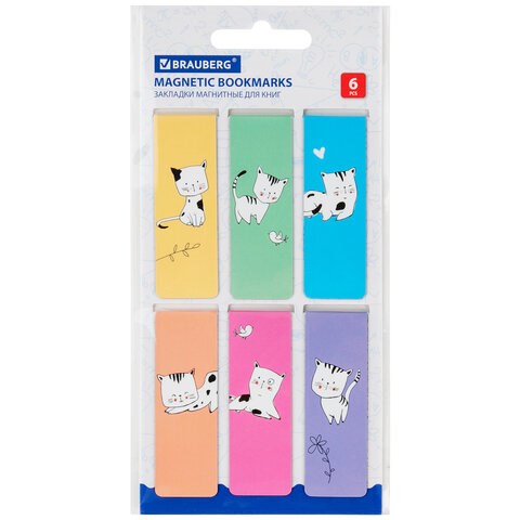 Закладки для книг МАГНИТНЫЕ, "CATS", набор 6 шт., 60x20 мм, BRAUBERG, 113159 113159