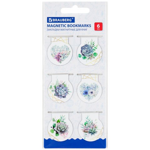 Закладки для книг МАГНИТНЫЕ, "FLOWERS", набор 6 шт., 32х28 мм, BRAUBERG, 113168 113168