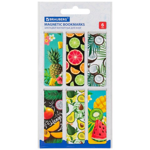 Закладки для книг МАГНИТНЫЕ, "FRUITS", набор 6 шт., 60x20 мм, BRAUBERG, 113160 113160