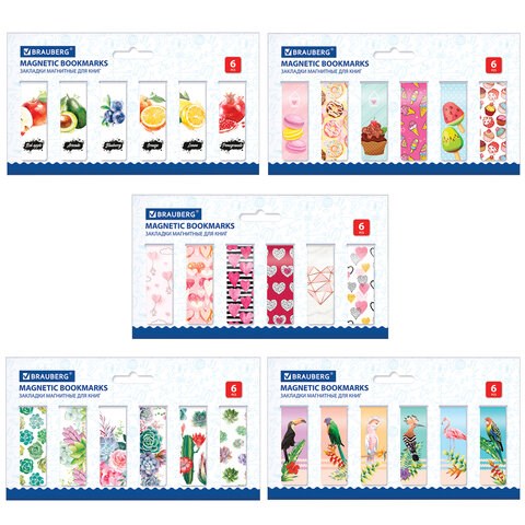 Закладки для книг МАГНИТНЫЕ, "MIX", набор 30 шт., 60x20 мм, BRAUBERG, 113175 113175