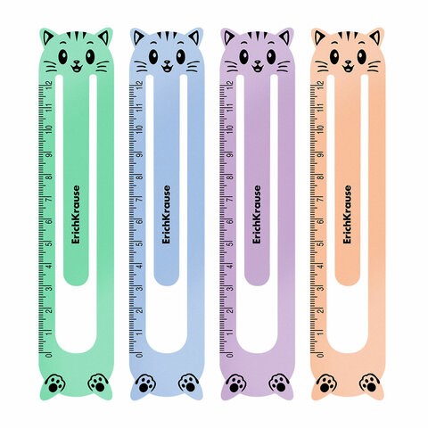 Закладки для книг пластиковые ERICH KRAUSE "Кошки", набор 4 шт., шкала 12 см, ассорти, 0,6 мм, 61228 116380