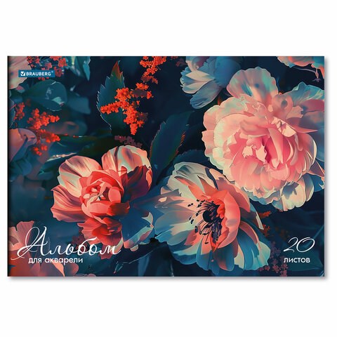 Альбом для акварели А4, 20 л., бумага 200 г/м2, склейка, обложка картон, BRAUBERG, "Пионы", 107129 107129