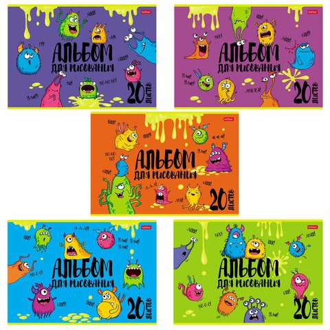 Альбом для рисования, А4, 20 л., скоба, обложка картон, выборочный лак, HATBER, 205х290 мм, "Монстрики", 074632, 20А4вмВ 106530