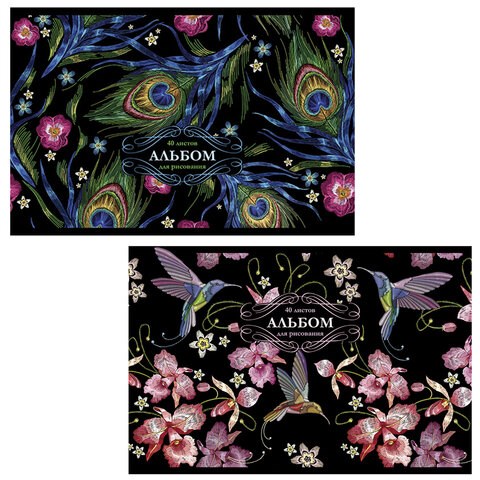 Альбом для рисования, А4, 40 л., скоба, тиснение фольгой, TWIN, ПЗБМ, 205х295 мм, "Японская вышивка" (2 вида), 046795 114348