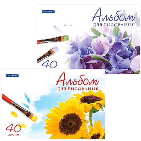 Альбом для рисования, А4, 40 листов, скоба, обложка картон, BRAUBERG, 200х283 мм, "Цветы" (2 вида), 102851 102851
