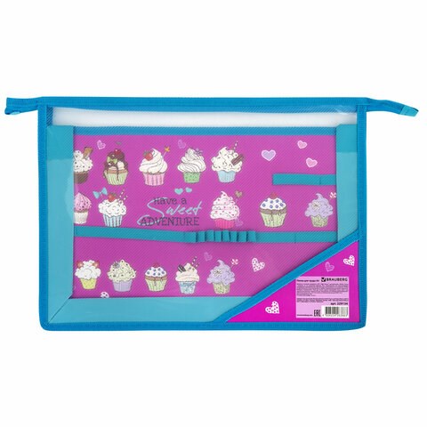 Папка для труда BRAUBERG А4, 2 отделения, пластик, молния сверху, органайзер, "Cup Cakes", 229134 229134