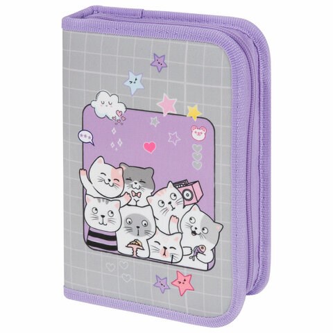 Пенал ПИФАГОР, 1 отделение, 2 откидные планки, полиэстер, 20х14 см, "Cats selfie", 273477 273477