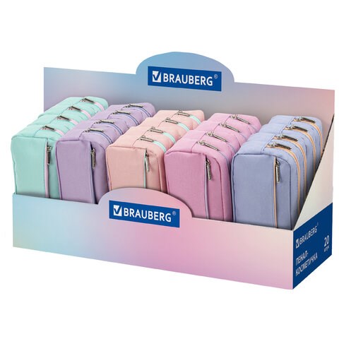 Пенал мягкий BRAUBERG, 2 отделения, ассорти 5 цветов, "Pastel", 21х9,5х5 см, дисплей, 271579 271579
