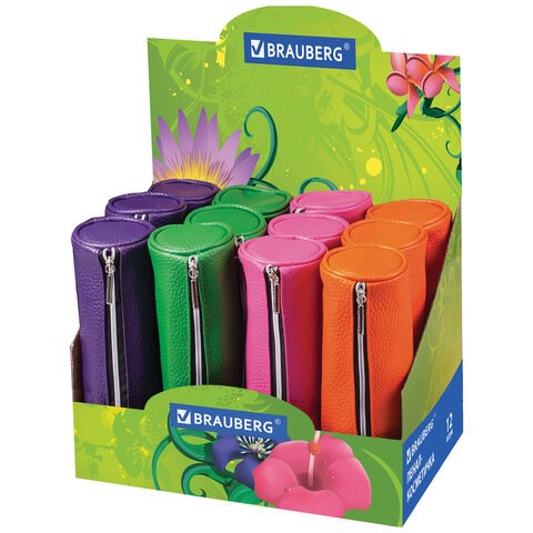 Пенал-косметичка BRAUBERG под фактурную кожу, ассорти 4 цвета, "Экзотика", 20х6х6 см, дисплей, 224041 224041