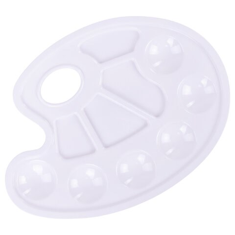 Палитра для рисования ПИФАГОР белая, овальная, 6 ячеек для красок и 4 ячейки для смешивания, 227805 227805