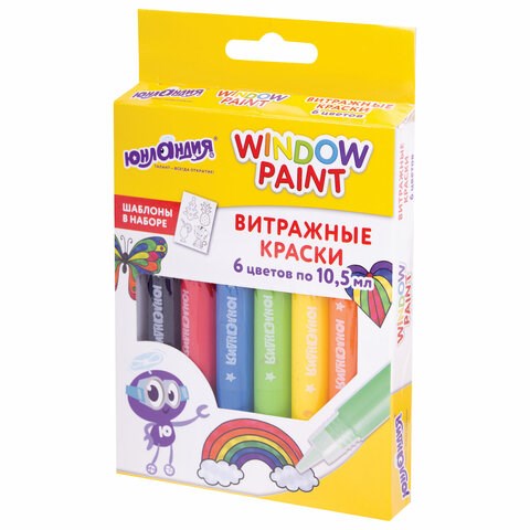 Краски витражные ЮНЛАНДИЯ, 6 ярких цветов, 6 туб по 10,5 мл, шаблоны, 191758 191758