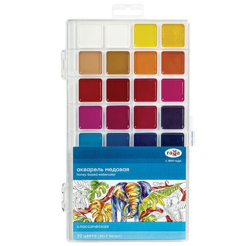 Краски акварельные ГАММА "Классическая", 32 цвета, медовая, пластиковая коробка, европодвес, 1009199 191612