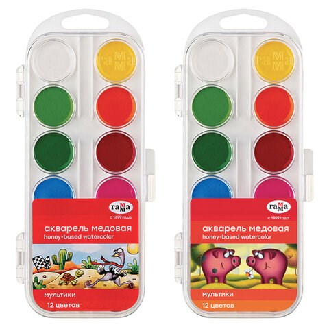 Краски акварельные ГАММА "Мультики NEW", 12 цветов, медовая, пластиковый корпус, европодвес, 211046_12 191382