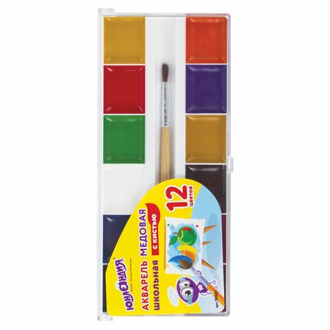 Краски акварельные ЮНЛАНДИЯ "ШКОЛЬНЫЕ", 12 цветов, медовые, увеличенный объем кювет, С КИСТЬЮ, пластиковая коробка, 191527 191527