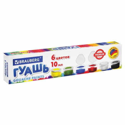 Гуашь BRAUBERG "PREMIUM", 6 цветов по 10 мл, 191906 191906