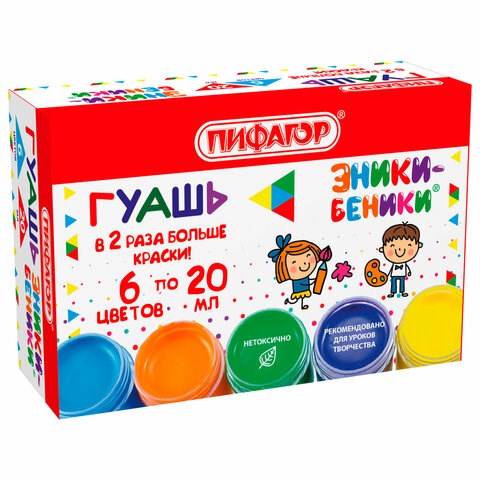 Гуашь ПИФАГОР "ЭНИКИ-БЕНИКИ NEW", 6 цветов по 20 мл, 192525 192525
