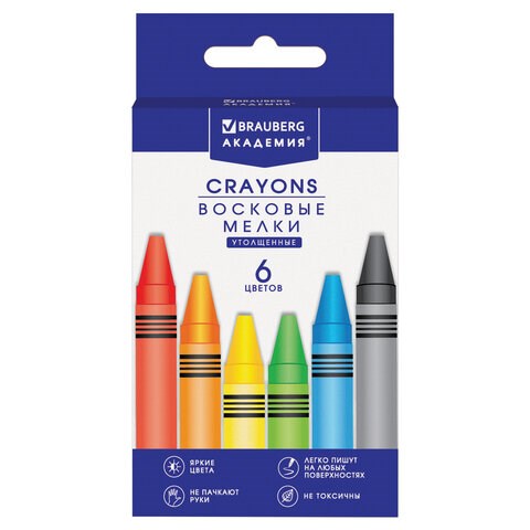 Восковые мелки трехгранные утолщенные BRAUBERG "АКАДЕМИЯ", НАБОР 6 цветов, 227286 227286