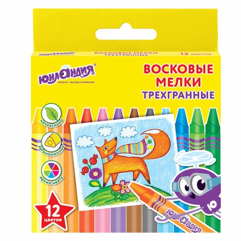 Восковые мелки трехгранные ЮНЛАНДИЯ "ЮНЛАНДИК И МУДРЫЙ ЛИС", НАБОР 12 цветов, 227289 227289