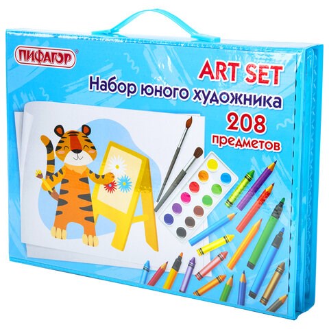 Набор ЮНОГО ХУДОЖНИКА "Тигренок" для рисования и творчества с мольбертом ПИФАГОР, 208 предметов, 664632 664632