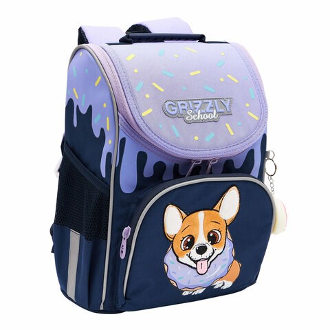 Ранец GRIZZLY анатомическая спинка, с мешком для обуви, для девочек, "CORGI", 33х25х13 см, RAm-384-3/3 271736